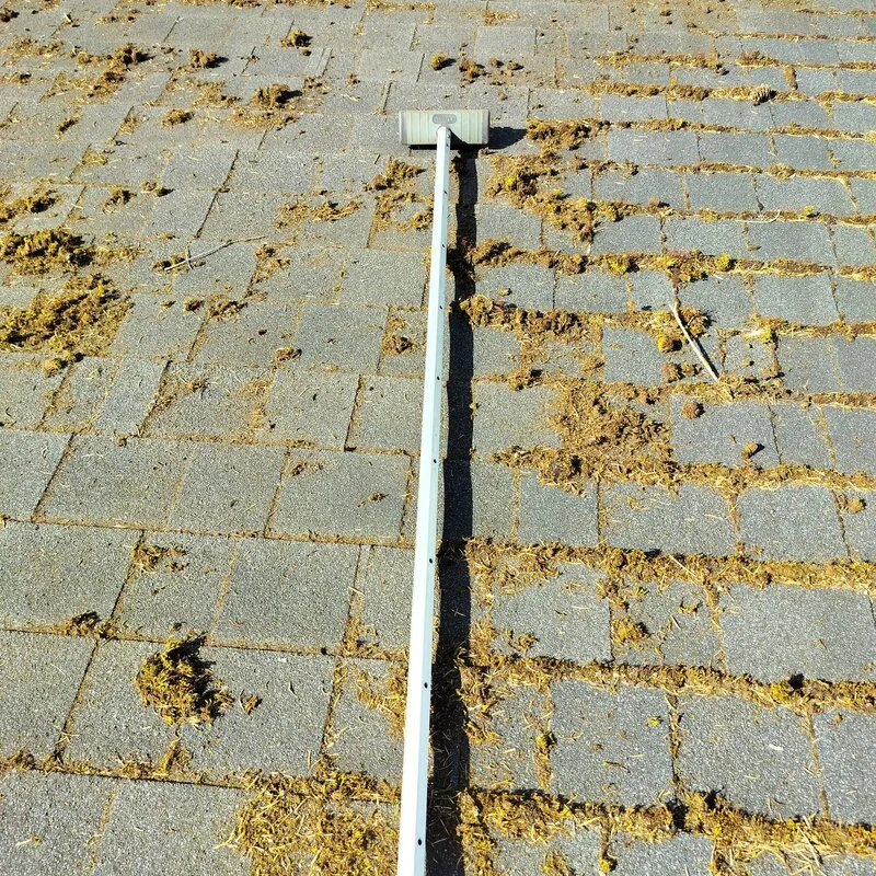 A roof with moss being scrubbed off using a brush